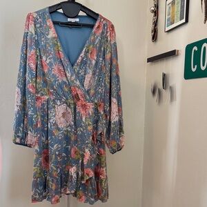 LC Lauren Conrad Blue Floral Long Sleeve Dress